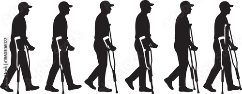 Silhouette Sequence of a Man Walking with Crutches, Gait Cycle Phases for Physical Therapy, Rehabilitation and Mobility Aid Training.