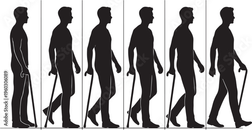 Silhouette Sequence of a Man Walking with a Cane or Walking Stick, Gait Cycle Analysis for Mobility and Physical Therapy.