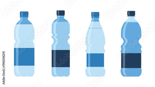 Collection of plastic water bottles with varying water levels. Flat vector illustration for hydration, beverages, and healthy lifestyle.