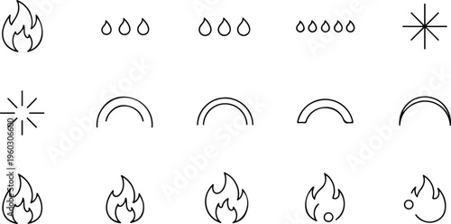 Set of weather and fire icons and symbols, abstract and graphic elements
