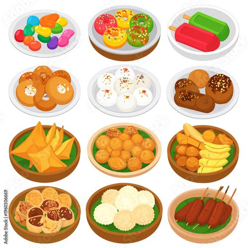A colorful assortment of traditional snacks and sweets arranged on plates, showcasing a variety of shapes, textures, and flavors for festive enjoyment