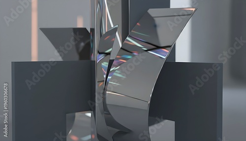 Modern Abstract Reflective Structure With Geometric Shapes And Iridescent Light Effects