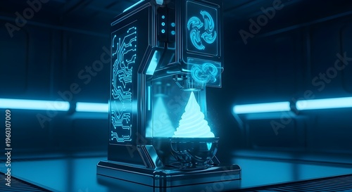 Futuristic Ice Cream Machine Dispensing Glowing Soft Serve in Sci-Fi Lab with Neon Blue Lights