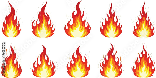 A Collection of Vibrant Fire Flames in Various Shapes and Sizes, Perfect for Graphic Design Elements