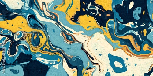 Abstract Marbled Fluid Art Painting with Swirling Patterns and Vibrant Blue Yellow White and Black Colors for Creative Design
