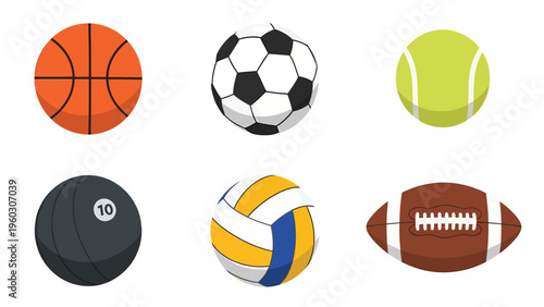 Set of various sports balls: basketball, soccer, tennis, billiard, volleyball, football. Flat vector illustration.