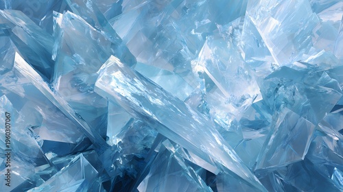 Close-up of shimme and translucent icy blue glass shards with edges and reflective surfaces on a cool background