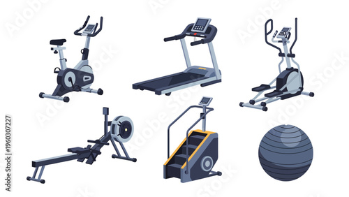 Collection of Fitness Gym Equipment: Treadmill, Exercise Bike, Elliptical, Rowing Machine, Stair Climber, and Stability Ball