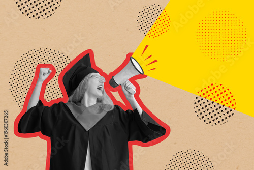 Female graduating student in mortar board with megaphone on brown background