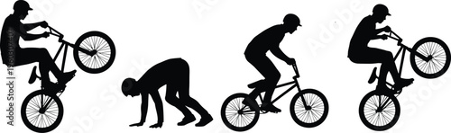 BMX rider silhouette collection featuring freestyle tricks, jumps and wheelies, isolated on white background, ideal for extreme sports design, urban cycling concepts and action visuals