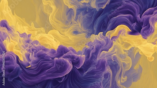 Vibrant abstract swirl of yellow and purple ink clouds blending seamlessly in a mesmerizing fluid motion background