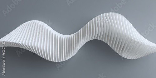 A white, undulating abstract sculptural form with vertical lines against a soft gray background