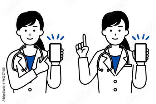 スマートフォンの画面を見せる医師の女性　セット