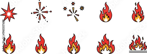 Collection of stylized fire and spark icons representing energy, heat, and celebration