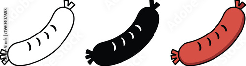 Sausage bratwurst vector icon set including line art silhouette and colored illustration for food menu barbecue and cooking design.