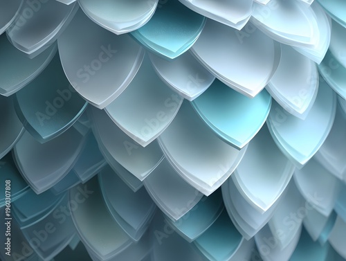 Abstract close-up of layered translucent petal shapes in shades of blue and white creating a modern textured background