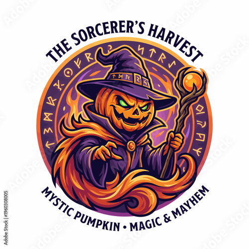 A whimsical sorcerer pumpkin casting spells during a spooky harvest. This illustration captures the fun and eerie vibe of Halloween, perfect for seasonal branding or celebrations.