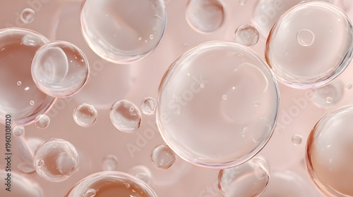 Close-up of transparent soap bubbles with soft pastel pink background creating a dreamy and tranquil atmosphere in high detail