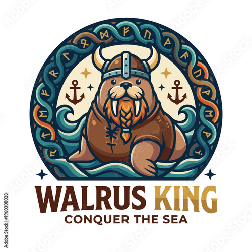 This regal image features a walrus wearing a Viking helmet, confidently portrayed as a king amidst swirling ocean waves, symbolizing strength and leadership.