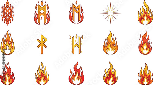 Collection of Flaming Runes and Fiery Symbols for Diverse Graphic Design Applications