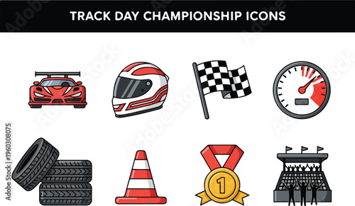 Collection of racing and sports icons including a car, helmet, flag, speedometer, tires, cone, medal, and stadium