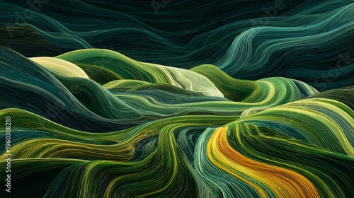 Abstract landscape of flowing vibrant green and yellow waves with dark contrasting background, artistic digital painting, seamless pattern