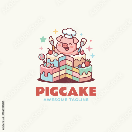 This delightful illustration features a pig chef atop an extravagant cake, embodying fun and sweetness, ideal for bakery branding or children's parties.