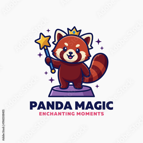 A cute red panda dressed as a wizard joyfully holds a magic wand, surrounded by stars, and embodies enchantment, adventure, and imagination in a playful design.