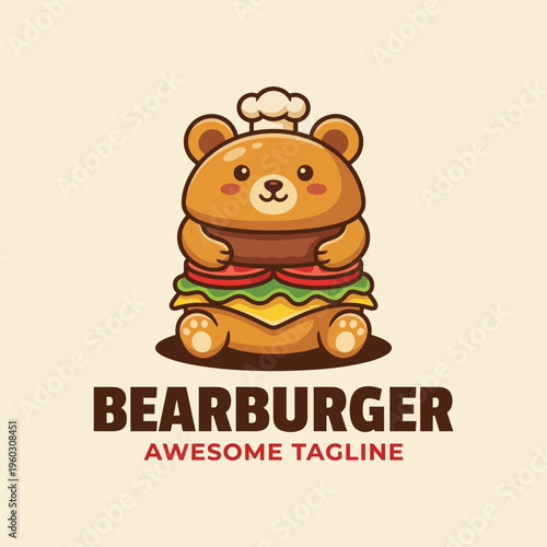 A cute bear chef cheerfully holding a delicious burger that inspires warmth and happiness. This playful illustration is perfect for children's food branding or whimsical dining experiences.