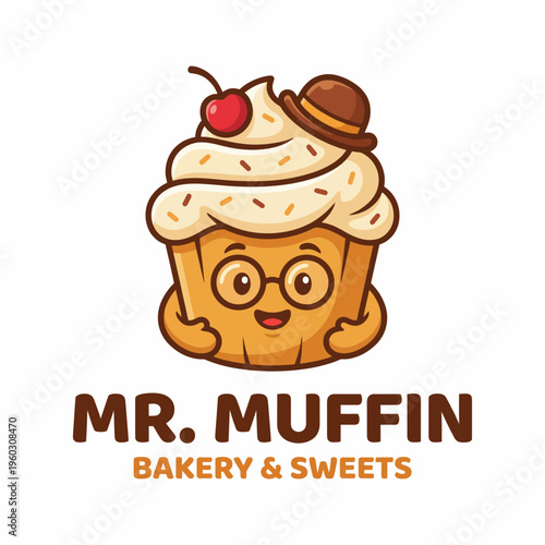 The delightful Mr. Muffin, a charming cupcake with glasses and a bowler hat, smiles warmly, embodying the essence of sweetness and joy in every baked treat offered.