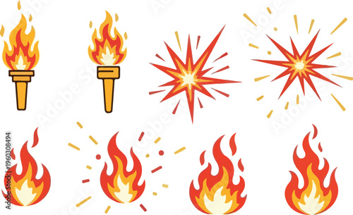 Set of vector illustrations of fire and torches, symbolizing energy, passion, and competition