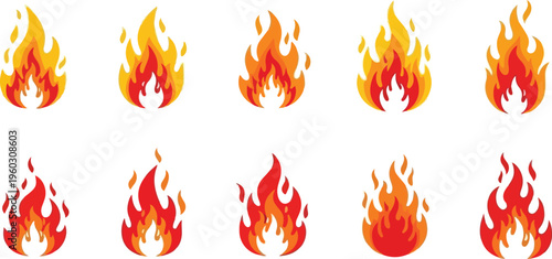 Collection of cartoon flames in vibrant yellow and orange, depicting fire elements with varying intensity and shapes