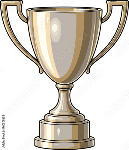 A sleek, metallic trophy with two handles and a pedestal base, symbolizing achievement and victory