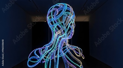 Abstract LED Light Sculpture in Human Form Glowing with Vibrant Colors Against a Dark Background