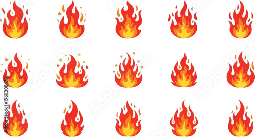 Illustration of a collection of stylized fire icons with a glowing effect