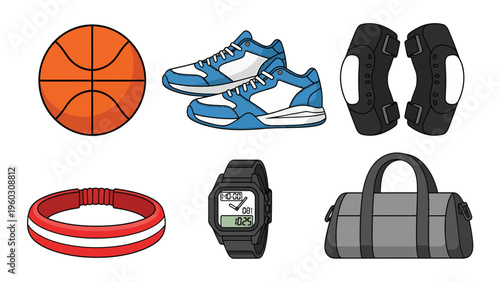 Sports equipment and accessories set. Basketball, sneakers, knee pads, headband, watch, and duffel bag vector illustrations.