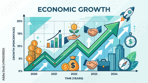 Dynamic flat vector illustration of an economic growth chart with a strong upward trend, symbolizing business prosperity, market success, and strategic financial investment planning