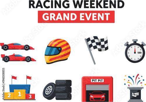 Exciting Grand Event Racing Weekend with Cars, Helmets, and Checkered Flags