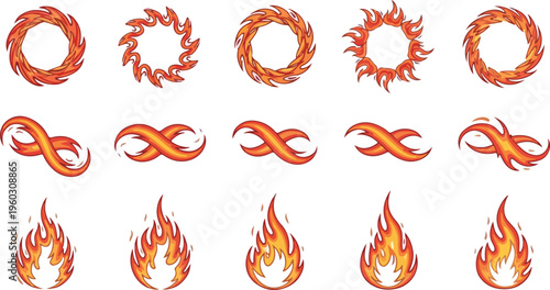 Collection of fiery icons diverse flame symbols including infinity loops and circular designs
