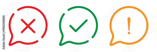 Right, wrong, tick, cross, checkmark, exclamation, question mark icons set in colorful outline and solid vector illustration.