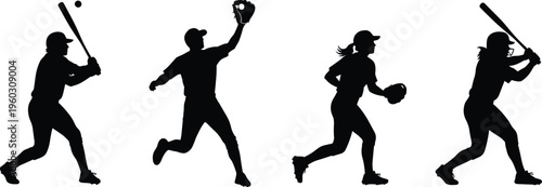 Silhouette collection of baseball and softball players in action poses including batting, pitching, catching and running, isolated on white background for sports design concepts