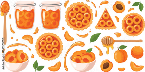 Apricot Jam and Dessert Vector Illustration Set with Jars, Apricot Pie, Honey Dipper, Fresh Fruit Slices and Sweet Preserves