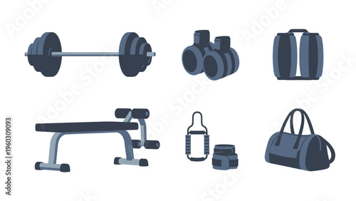 Gym and Fitness Equipment Flat Design Set. Collection of workout gear, weights, bench, and accessories for exercise.