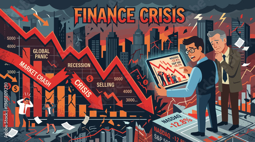 Financial crisis engulfing a city, depicting a severe stock market crash, economic recession, and widespread panic with concerned analysts reacting to plummeting indices