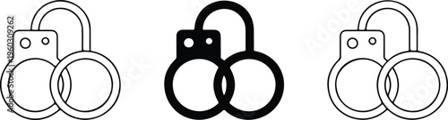 Handcuffs vector icon set featuring minimalist outline and silhouette designs for law enforcement security justice and police department branding.