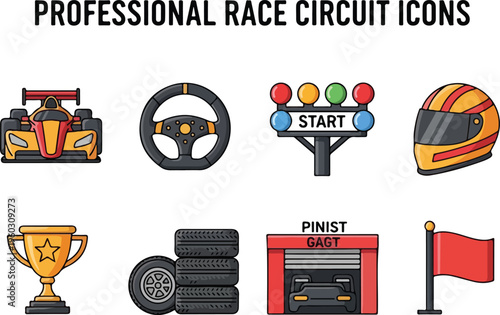 Racing icons set with car, helmet, steering wheel, trophy, tires, and flag