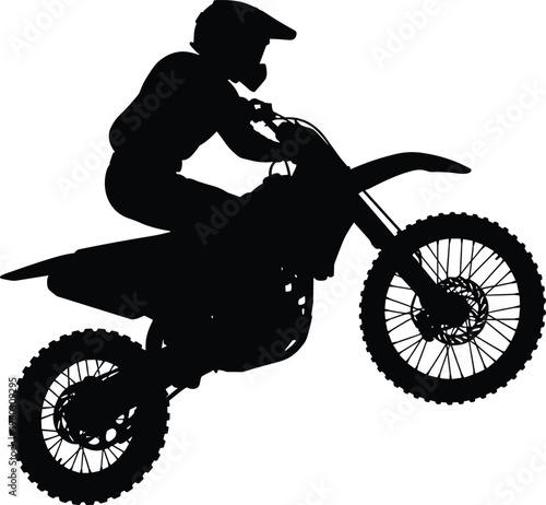 Silhouette of motocross rider performing airborne dirt bike jump, extreme offroad action sport concept isolated on white background for dynamic racing and adrenaline themes