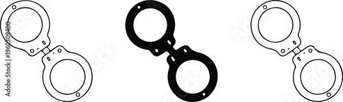 Handcuffs vector icon set featuring minimalist outline and silhouette designs for law enforcement security justice and police department branding.