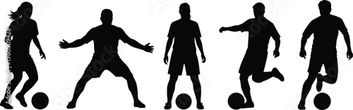 Soccer player silhouette set with male and female athletes dribbling, controlling and kicking ball, isolated on white background for football sport design and training concepts