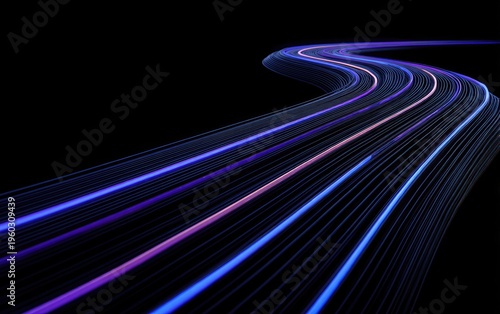 A winding, luminous trail of light streaks across a dark void, suggestive of speed and movement